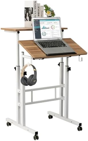 SIDUCAL Small Standing Desk, Portable Stand Up Desk, Height Adjustable Mobile Standing Table Converter with Wheels Computer Workstations, Rolling Laptop Cart for Stand or Sit, Vintage Oak