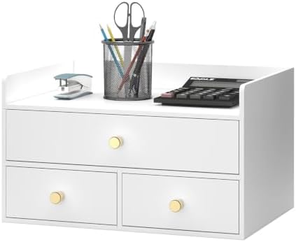 Bamboo Desk Organizer with Drawers,Wooden Desktop Storage(3 Drawers,White)