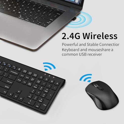 Wireless Keyboard and Mouse, Slim Full Size Keyboard with Calculator Button, Fn Lock, Silent Computer Mouse with Side Button, 2400 DPI, 2.4G USB Cordless Set for Laptop PC Windows Mac -Black