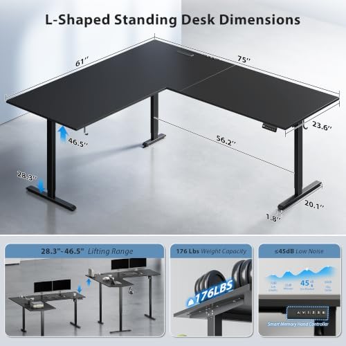 75x61 Inch L Shaped Electric Standing Desk, Corner Workstation, Black