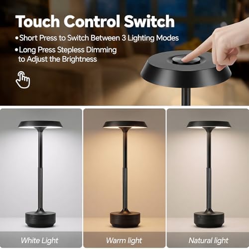 1 Pack Rechargeable Table Lamps Cordless, 5000mAh Outdoor Table Light 3 Color Stepless Dimming Portable LED Table Lamp with Memory Function, for Home/Dinner/Patio/Restaurant.(Black)