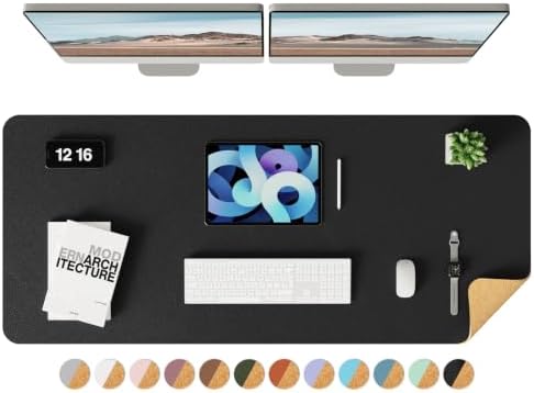 YSAGi Double-Sided Desk Pad, Leather Desk Mat, Eco Cork Desk Pad Protector, Large Mouse Pad for Desk, Waterproof Desk Blotter Pad, Desk Writing Pad for Office Work/Home (Black+Cork, 47.2" x 17")