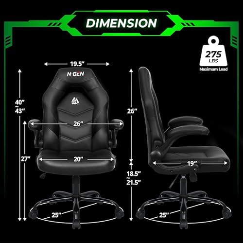 N-GEN GAMING Video Gaming Chair Ergonomic Office Desk Chair with Lumbar Support Adjustable Height Padded Flip Up Arms and Swivel Wheels Racing Style Design for Adults with PU Leather (Black)