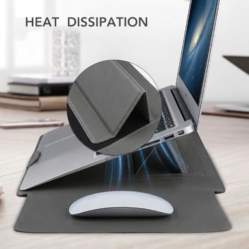 4-in-1 Laptop Sleeve with Stand and Mouse Pad, Faux Leather Protective Case with Accessory Pouch for 13.3-14 Inch Laptops, Grey