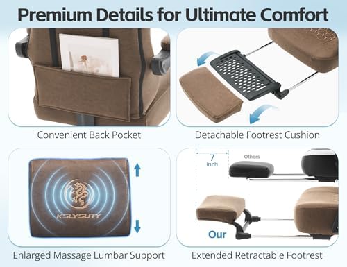 Office Chair for Home Office, Ergonomic Wide Seat Desk Chair with Pocket Spring Cushion, Breathable Leather Gaming Chair with Adjustable Headrest and Retractable Footrest，Brown
