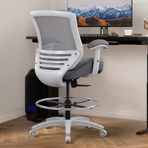 400lbs Double Seat Cushion Tall Office Drafting Chair for Standing Desk with Lumbar Support and Enlarged Adjustable Stool (Grey Frame Grey Fabric)