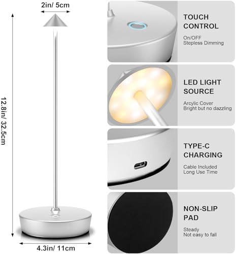 2Pack Rechargeable Cordless Table Lamp, Portable Powered LED Battery 6000mAh Metal USB Desk Lamp, 3 Levels Brightness Light for Restaurants Outdoor (2pack Silver)