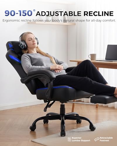 GTPLAYER Big and Tall Gaming Chair with Footrest, High Back Ergonomic Office Chair for Adults, Heavy Duty 350 lbs Capacity, Premium Leather & Iridescent Trim, ACE-Armor, Blue