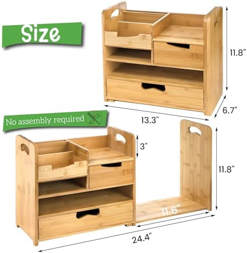 ZOOFOX Bamboo Desk Organizer with Adjustable File Holder, Mail Organizer Countertop with Drawer, 4-Tier Desktop Organization and Desk Accessories for Home Office School Supplies, No Assembly Required