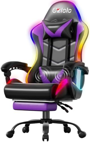 Czlolo Gaming Chair, RGB LED Lights Computer Chair with Footrest, Lumbar Support Massager Gamer Chair, High Back, 90-135° Reclining, Linkage Armrests, Purple