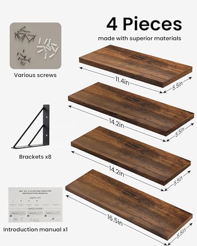 BAYKA Wall Mounted Floating Shelves (Rustic Brown, Set of 4, 16" Mixed)