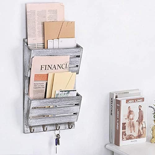 Wood Mail Organizer Wall Mount, Mail and Key Holder for Wall with Hooks, Wall Hanging File Letter Notebooks Storage Rack Decorative for Office or Home