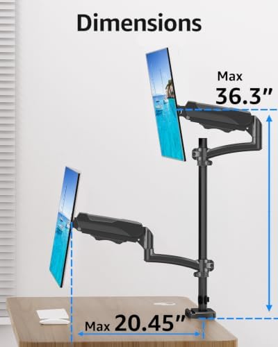 Vertical Dual Monitor Mount Fit up to 32", Stacked Monitor Stand for 2 Computer Screens, Gas Spring Full Motion Adjustable Tall Display Desk Mount, Each Arm Holds up to 17.6lbs, VESA Mount