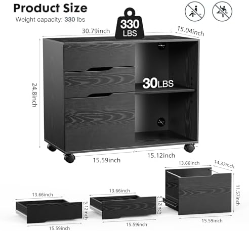 DUMOS 3 Drawer Rolling File Cabinet, Wood Printer Stand with Storage