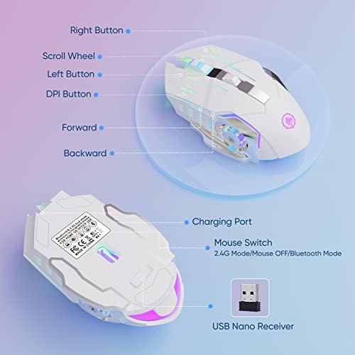 MELOGAGA Wireless Gaming Mouse Bluetooth/2.4G RGB Rechargeable -White