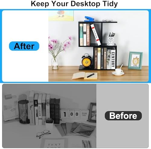 TQVAI 2-Tier Desktop Bookshelf, Freestanding Multipurpose Wood Desk Top Organizer for Books, Office Supplies, Plants, Photo Frames, Small Open Storage Shelves for Office Home Dorm, Black