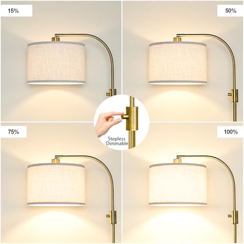 Nintiue Upgraded Modern Arc Dimmable Tall Standing Floor Lamp with Linen Shade, 1200 Lumens LED Bulb Included, for Living & Reading Room, Bedroom, Office & Nursery, Brass