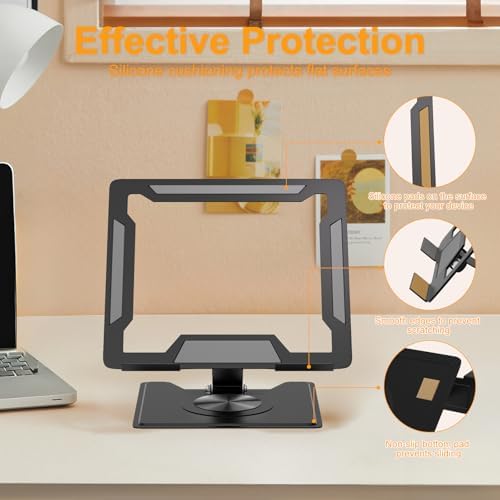 Adjustable Ergonimic Foldable Tablet Stand for Desk with 360 Rotating Base,Compatible with iPad/iPhone Portable Monitor Between 9-17 Inches for Office Desk,Black