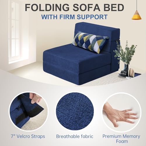Nigoone Folding Sofa Bed with Pillow Memory Foam Convertible Sleeper Chair Bed Couch Futon Lazy for Living Room Home Office Guest Beds Apartment Upstairs Loft, Single Size, Dark Blue