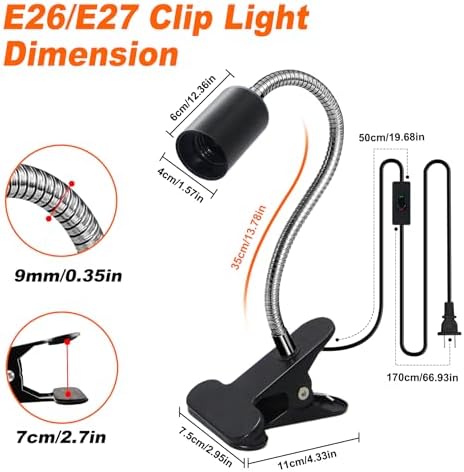 Clip-on E26/E27 Clamp Light Socket with 220 CM Cable, 360 Rotatable Flexible Desk Lamp, 9MM & 350MM Thickened Lengthened Gooseneck, Metal Base, for Bedside