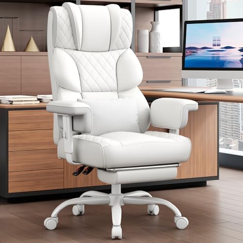 Vonesse Office Chair, Desk Chair with Soft Adjustable Armrests, Ergonomic High Back Gaming Chair with Lumbar Support, Executive Computer Chairs with Footrest (PU Leather,White)