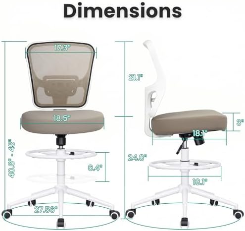 Armless Drafting Chair Tall Office Chair for Standing Desk - Adjustable Height Mesh Ergonomic Stool with Foot Ring, Rolling Counter Height Computer Chair for Small Spaces & Home Office