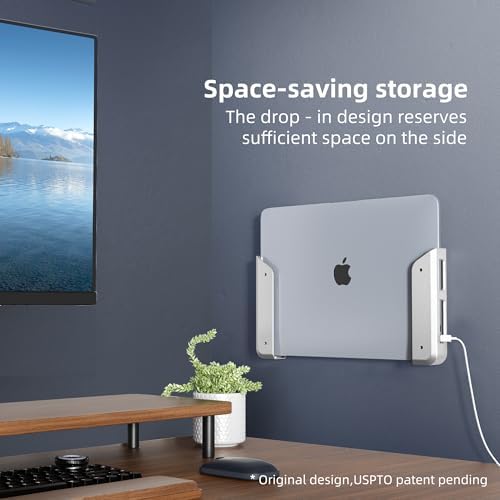 ELETIUO Wall & Under Desk Laptop Mount Holder–Adhesive & Screw in,1.02"/ 26 mm,Anti-Scratch Pads,Universal for MacBooks,Surface,Keyboards,Tablets,Switch &More,Matte Silver