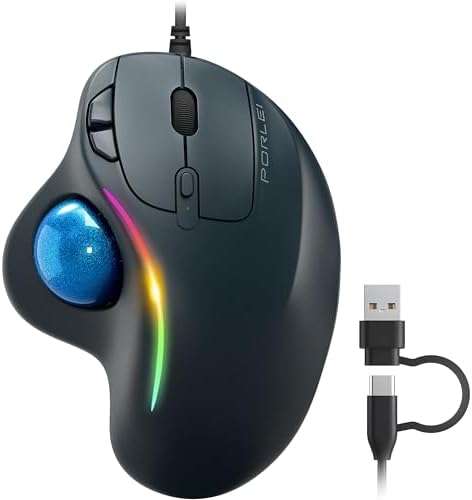 Wired Ergonomic Trackball Mouse, 34mm Thumb Control, RGB Lighting