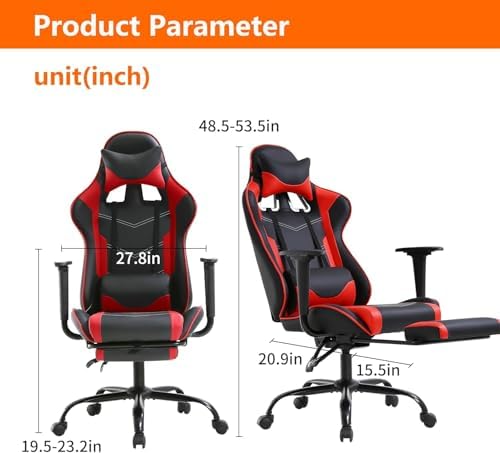 PC Gaming Chair with Footrest, Ergonomic Home Office Chair with Lumbar Support & Headrest Pillow, Red