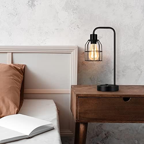 BTY Bedside Lamps Set of 2 Industrial Table Lamp with Dual USB Charging Ports and 2 Prong AC Outlet Farmhouse Nightstand Desk Lamps Edison Lamp with Metal Wire Cage for Bedroom Living Room