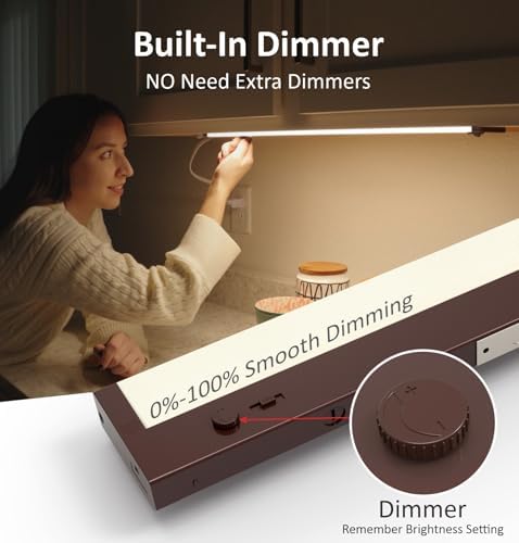 Leetdud Under Cabinet Lighting Plug in or Hardwired Built-in Dimmer, 24 Inch 12W, 5CCT 2700/3000/3500/4000/5000K, Linkable Counter Lights for Kitchen, ETL Dimmable LED Light Fixture, Bronze