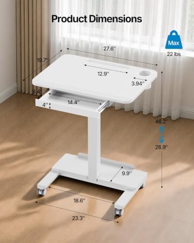 HUANUO 28" Mobile Standing Desk with Drawer and Charging Station