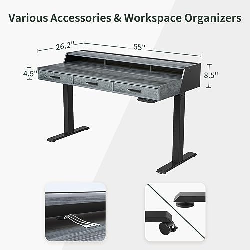 CubiCubi One-Piece Standing Desk 55x26 with 3 Wood Drawers, Antique Grey