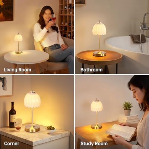 Shenmoyl Tulip Table Lamp with 5000mAh Battery & Touch Control, Cordless Table Lamp with 3 Colors, Dimmable Rechargeable Table Lamps for Bedroom, Nightstands, Living Room, Entryways (White Tulip)