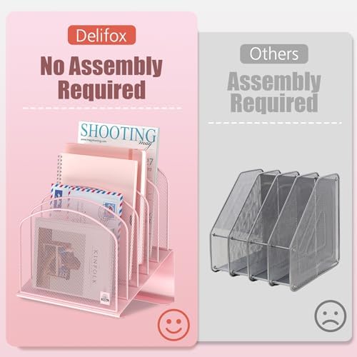 Delifox Inclined Desk File Organizer,Vertical File Folder Holder Stand Metal Rack File Sorter for Office Classroom Desktop Organization (1, Pink, 5)