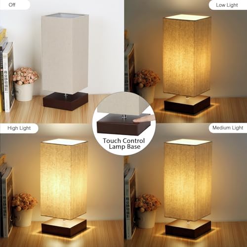 Touch Control Table Lamp Bedside 3 Way Dimmable Touch Desk Lamp Modern Nightstand Lamp with Square Fabric Lamp Shade Simple Night Light for Bedroom Living Room Office, Led Bulb Included