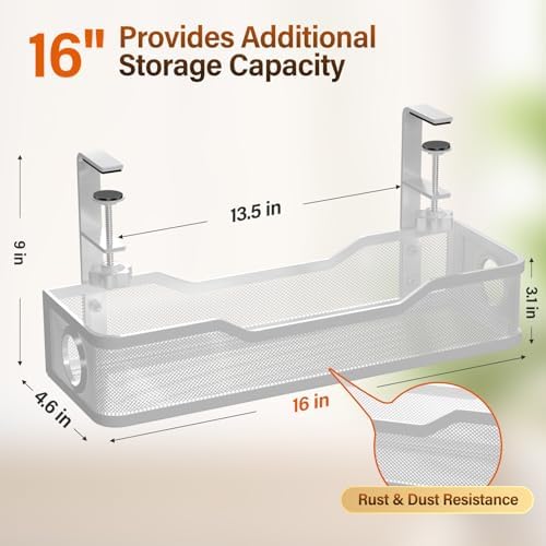 [Upgraded] 2 Pack Under Desk Cable Management Tray, Cinati Cord Organizers for Table Thickness up to 3", 16" Wire Organization with Clamp No Drill, Cable Management Box for Office - No Damage to Desk