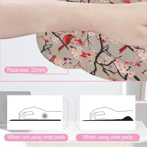 Cardinal Cherry Blossom Butterfly Keyboard Wrist Rest Pad and Mouse Pad Wrist Support Set,3-in-1 Ergonomic Mouse Pad with Non-Slip Rubber Base for Home Office Game Computers Desk,