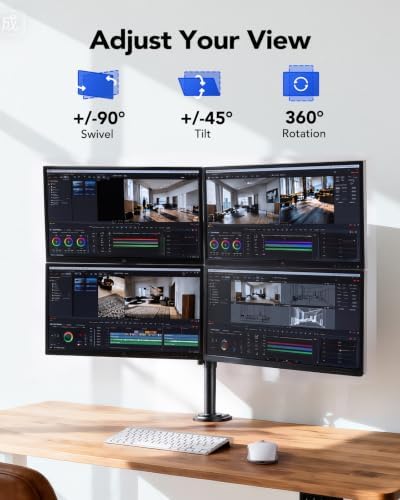 HUANUO Quad Monitor Mount for 13-32 Inch Screens, 4 Monitor Stand with Larger Base, Holds 22 lbs per Arm, Fully Adjustable Stacked Mount, Tilt Swivel Rotation, VESA 75x75/100x100mm, Cable Management