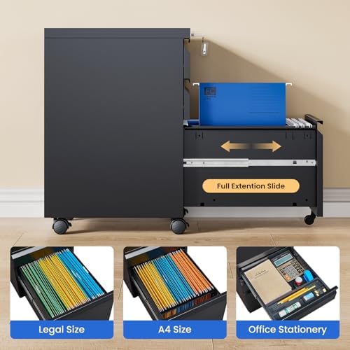 MIIIKO 3 Drawer File Cabinet, Metal Filing Cabinet with Lock Rolling Wheels, Office Storage Under Desk,Deep Drawers for Hanging Legal Letter Fill, Full Assembled Except Casters
