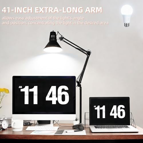 Black Desk Lamp with Clamp, Extra-Tall Adjustable Metal Swing Arm, 2 Pack