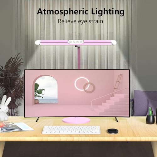Micomlan Led Desk Lamp with Base, Adjustable Tall Architect Desk Light for Home Office with Flexible Swing Arm, 24W Pink Bright Table Lamp Auto Dimming Computer Light for Workbench