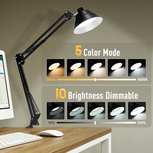 Led Desk Lamp for Home Office - Adjustable Swing Arm Desk Lamp with Clamp