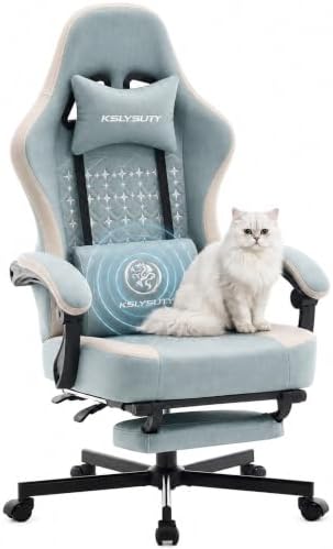 Desk Computer Gaming Chair - Ergonomic Game Office Chair with Extended Footrest and Massage Lumbar Support, Home Gamer Video Game Chairs with Spring Cushion for Adults (Pro Blue Fabric)