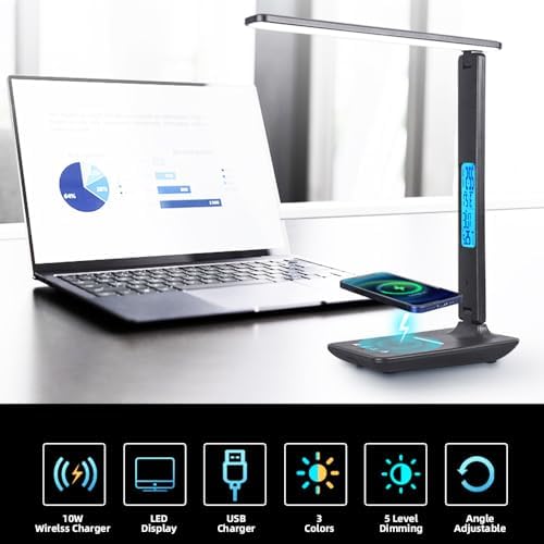 IHAO Multi-Functional Desk Lamp 10W Qi Wireless Charger 3 Color Modes 5 Brightness Levels Eye-Caring LED Light Faux Leather Finish Calendar Temperature Display Office Table Lamp TX26 Black