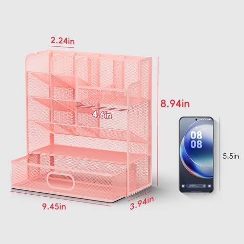 Mesh Pen Organizer for Desk, 13 Compartments with Drawer, Pink