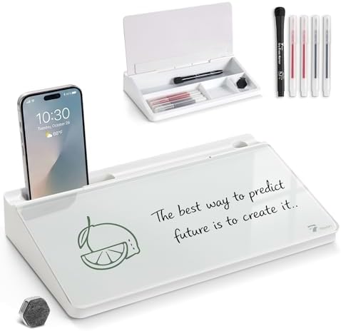 TOWON Compact Glass Desktop Whiteboard with Storage 12x7 in, White
