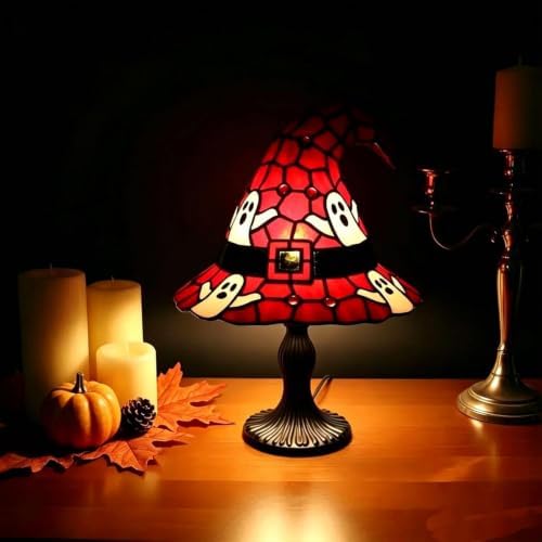 Stained Glass Witch Hat Lamp, Handcrafted Resin Halloween Witch Lamp (Orange)