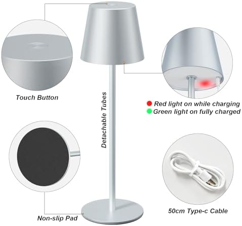 Kakanuo Silver Grey Cordless Lamp Rechargeable - 2 Pack 5000mAH Battery Operated Table Lamp for Counter, 3 Color Stepless Dimming Wireless Lamp for Dining Kitchen, Outdoor Patio, Touch Control