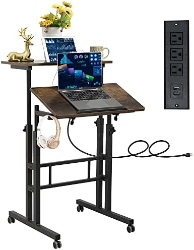 Hadulcet Mobile Standing Desk with Wheels, Rolling Desk Adjustable Height, Portable Laptop Table with Charging Station, Sit Stand up for Home Office, Study, Classroom, Rustic Brown